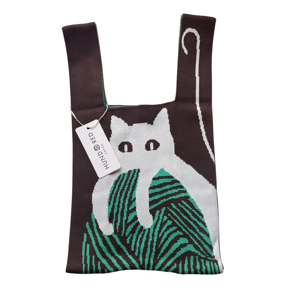 Hundred & One Knitted Tote Bag With Cat Design Brown/Green 12" x 7.5" New